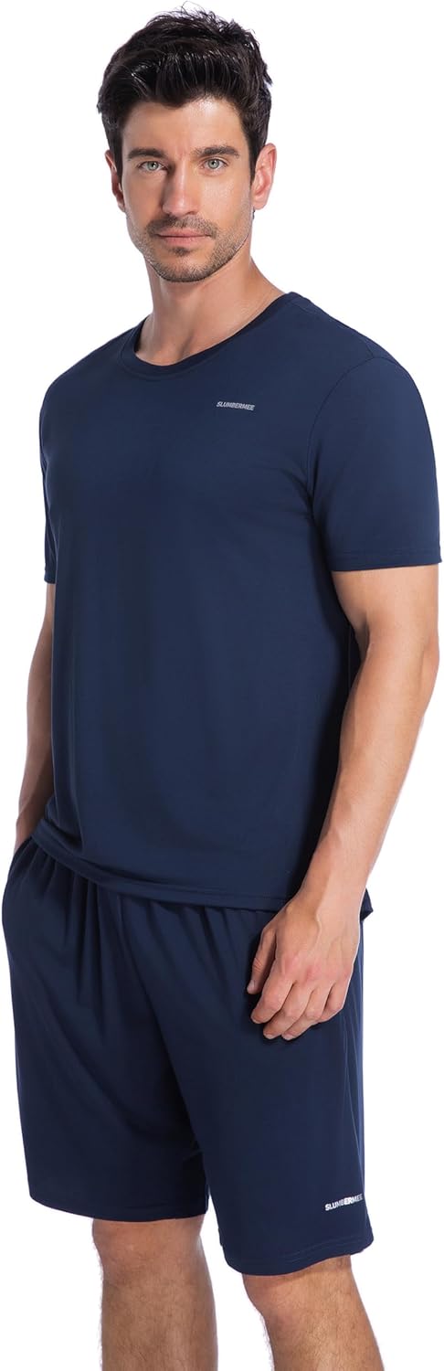 SlumberMee Mens Summer Pajamas Set Super Soft Cooling Viscose Pjs Short Sleeve Sleepwear 2 Piece Set Loungewear with Pockets