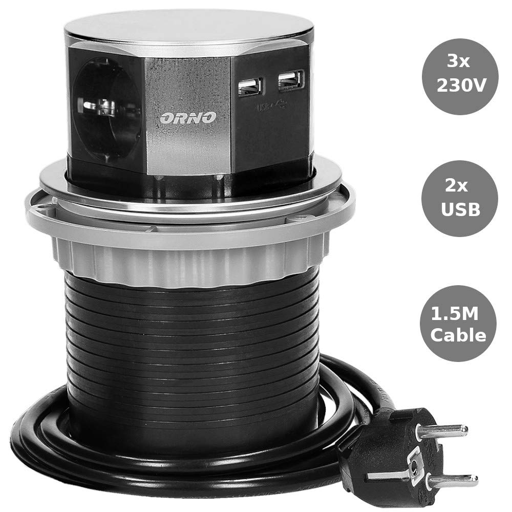 ORNO OR-AE-1381(GS) wpuszczana listwa zasilająca do zabudowy, potrójna + 2 x USB 3680 W, Ø 10 cm