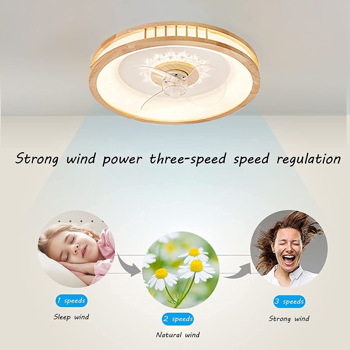 Lampy Ronde houten plafondventilatorlamp, 3 kleuren traploos dimmen LED-kroonluchter, inbouw-plafondventilator met laag profiel Meble