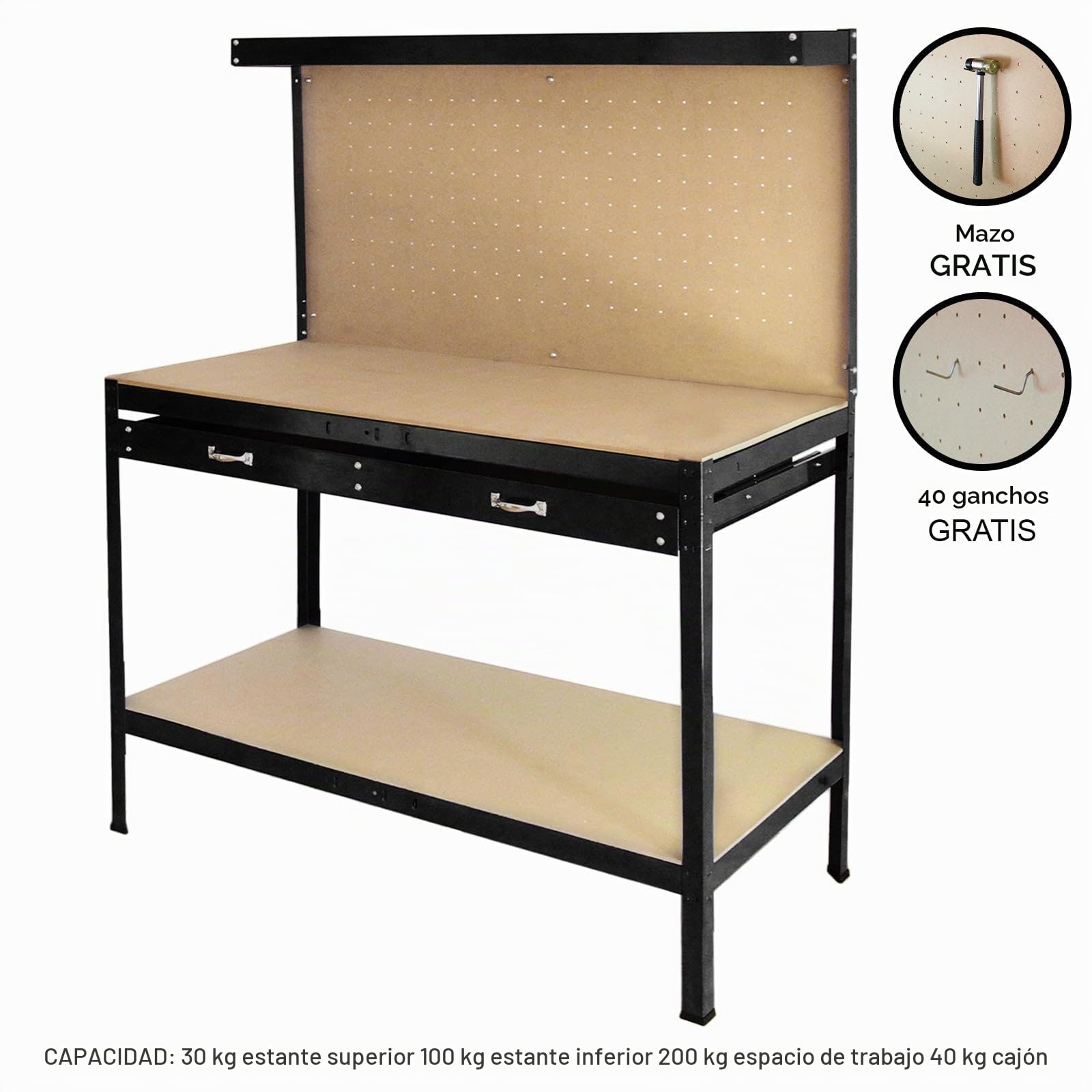 Banco de Trabajo Negro Metal 155x120x60cm+Tablero de Clavijas+Cajón Capacidad Peso 200kg Mesa de Trabajo Metálica Metálico Almacenamiento Herramientas Taller Garaje Bricolaje Mazo+40 Ganchos GRATIS