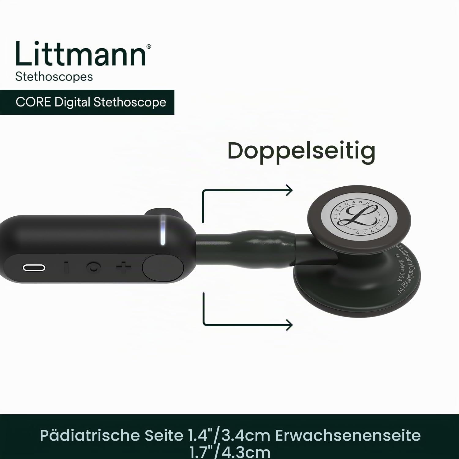 Littmann CORE Digital Stethoskop, 8490, Schlauch Schwarz | Schwarzes Bruststück. Bis zu 40-fache Verstärkung und aktive Geräuschunterdrückung. Für Ärzte und Medizinstudenten
