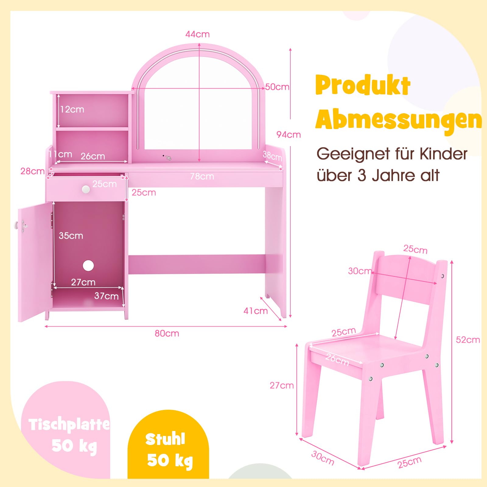 GOPLUS 2 in 1 Schminktisch für Kinder, Schminktisch- & Stuhl mit Regale, Schublade & Schrank, Prinzessin Frisiertisch mit Spiegel & zweifarbigen LED-Lichtern, für Kinder ab 3 Jahren (Rosa)