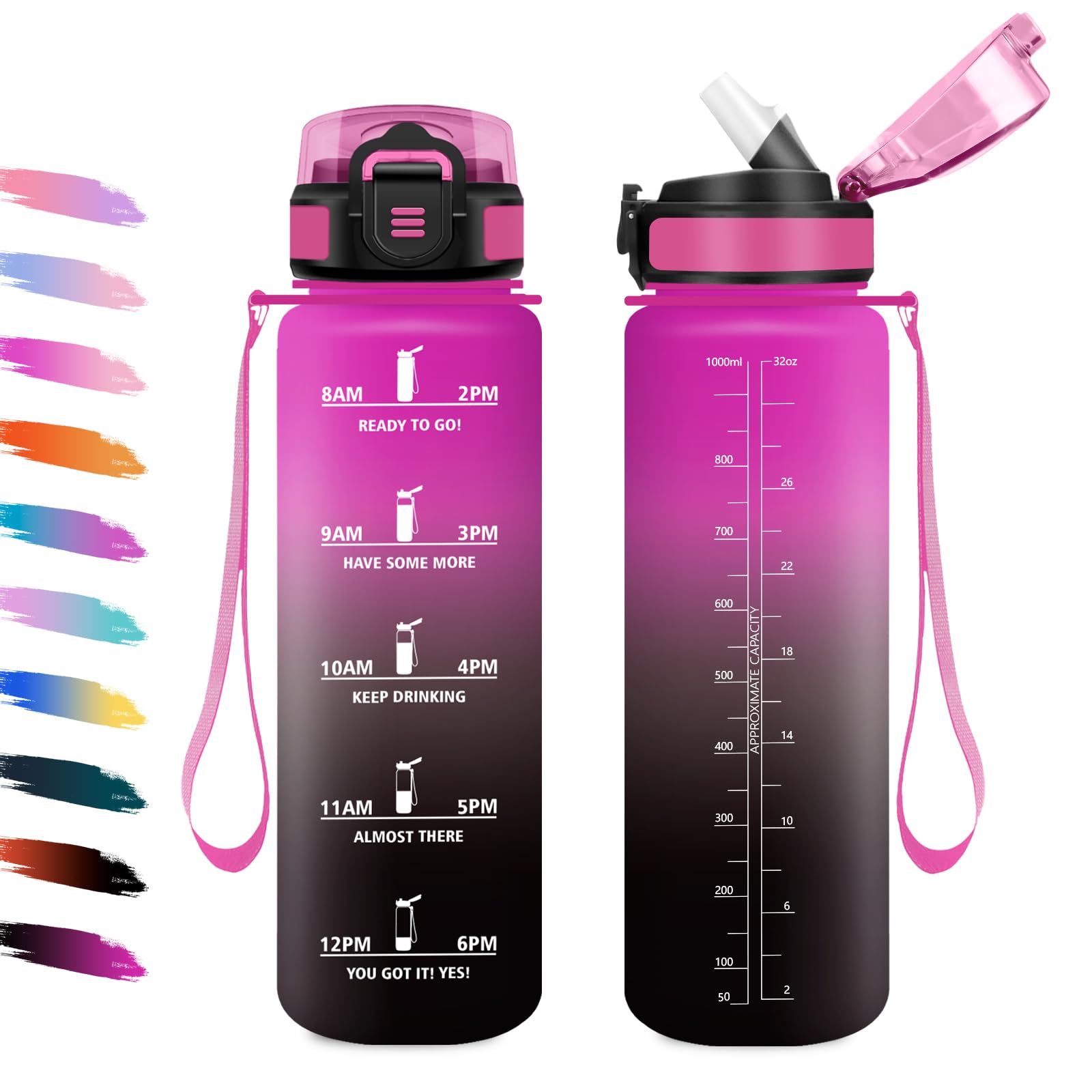 Borraccia Sportiva 1L, Bottiglia con Cannuccia, a Prova di Perdite, Facile Pulizia, Bottiglia Acqua Motivazionale con Indicatore del Tempo, per Campeggio, Ciclismo, Scuola, Ufficio, Lavoro, Gym