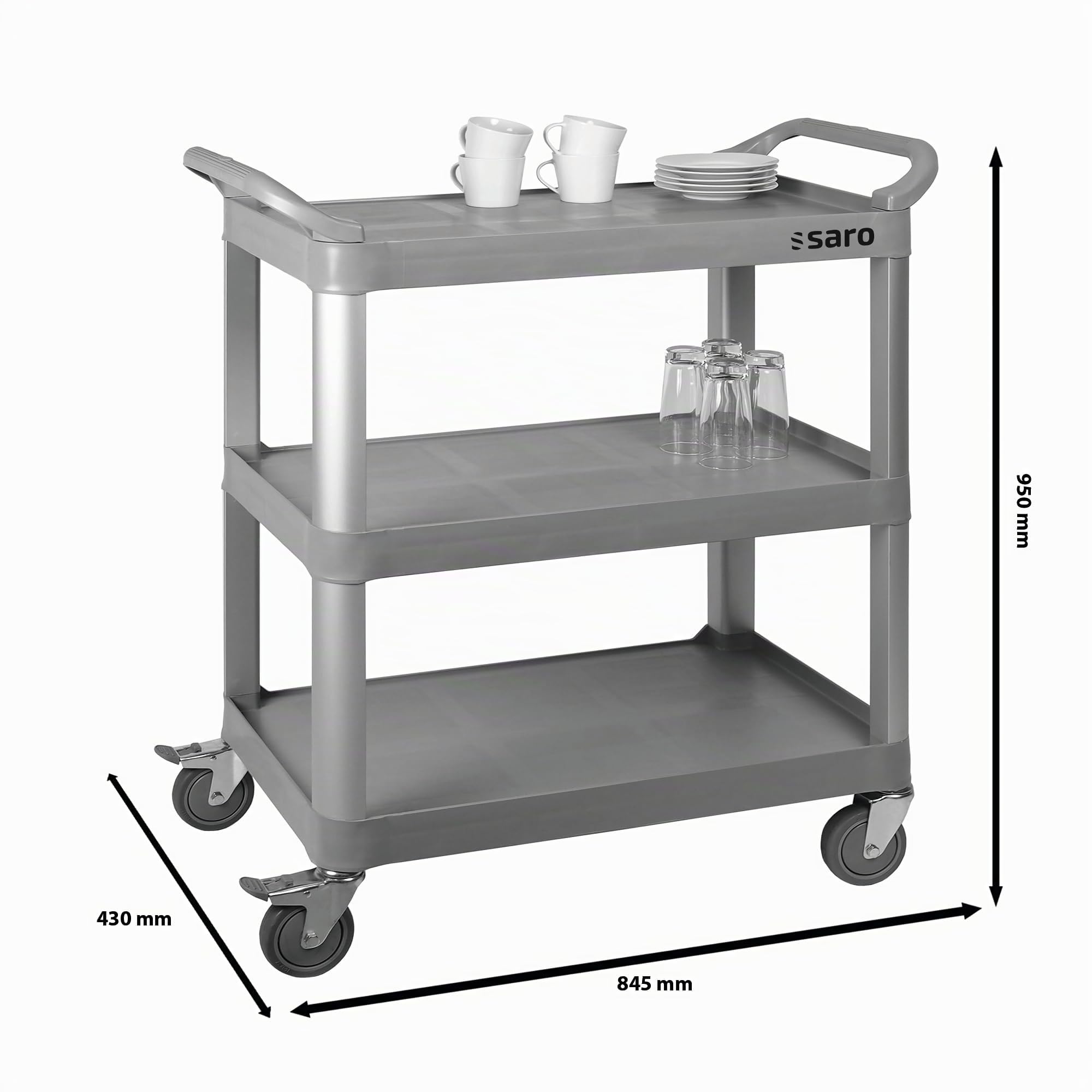 SARO ZENJA Carro para servir, 3 bandejas, plástico y metal ligero, 100 kg de carga, ruedas con freno, 845 x 430 x 950 mm