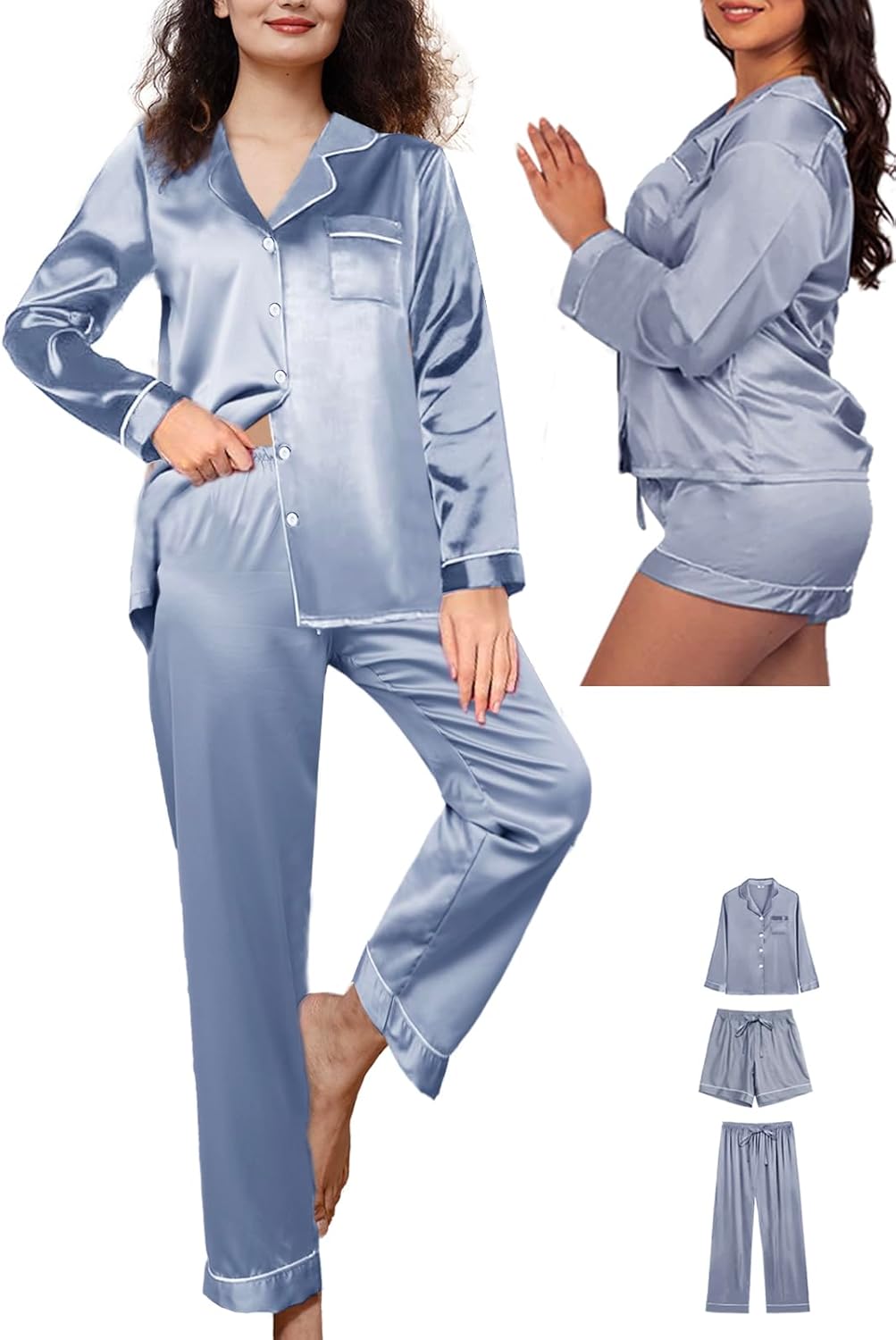 4Pcs Silk Satin Pajamas Sets for Women XS-XXL Silky Pajama Set Womens Pj Set Loungewear Long Pjs Soft Sleepwear - Image 5