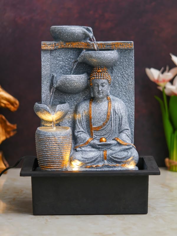 Image of Polyresin Grey Meditating Buddha Tabletop Indoor 4 Diya Steps Water Fountain for Home Decor with Yellow LED Light & Speed Controller Pump (Size: 40 x 29.5 x 22CM | Wt: 2685grm)