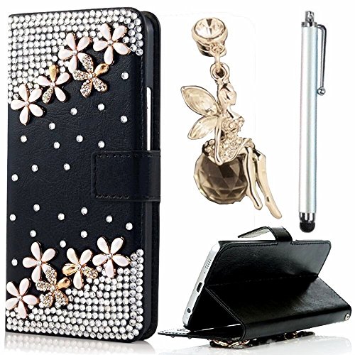 (2016 Version) For Samsung Galaxy J7 J710 Bling Wallet Case,Vandot PU Leather Flip Stand Magnetic Closure Glitter Diamond Shinning Practical Protective Cover Camellia Flower +Anti Dust Plug+Stylus Pen