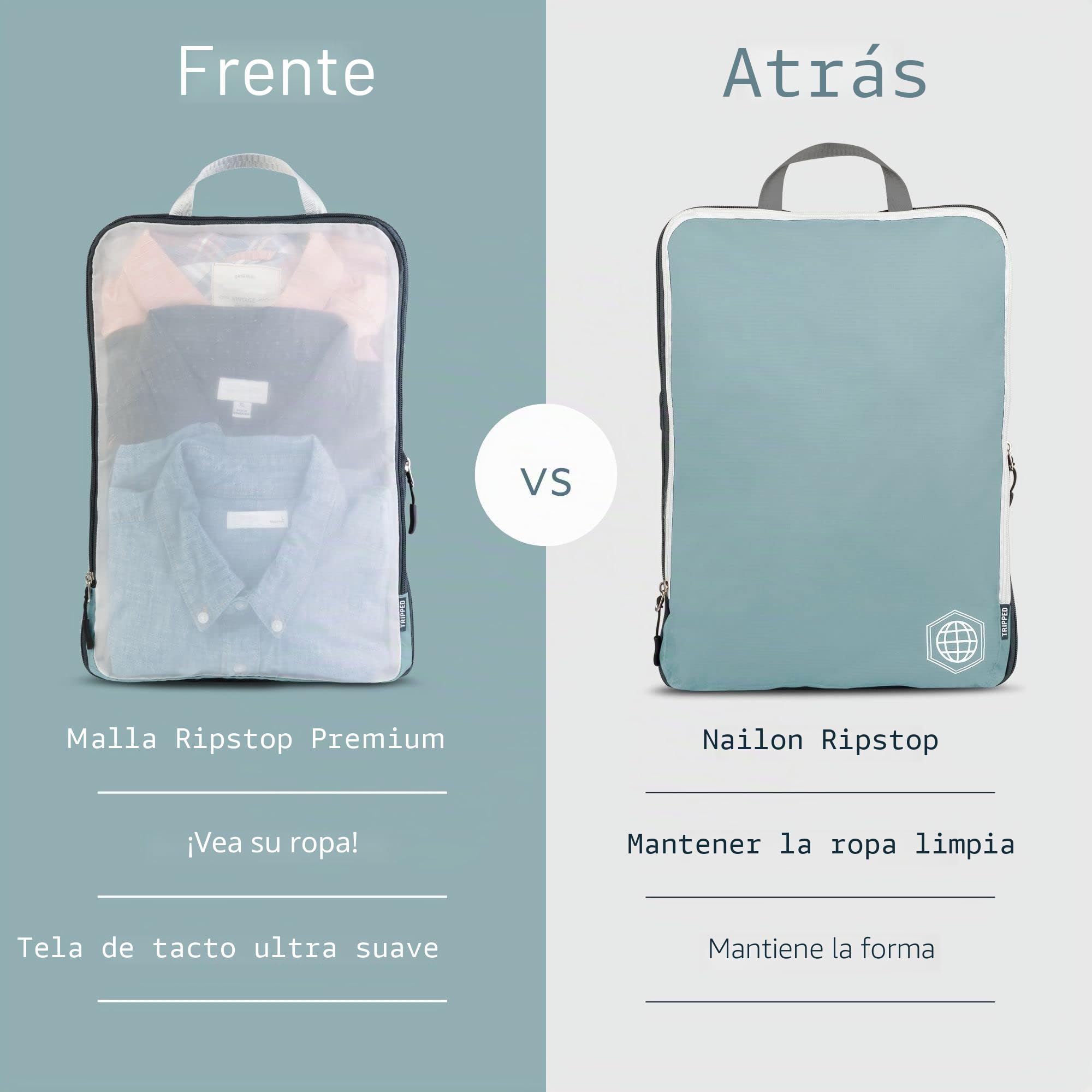 TRIPPED Travel Gear Organizadores para maleta, embalaje, grandes, con malla transparente, organizadores de viaje, compresión, turquesa polvoriento