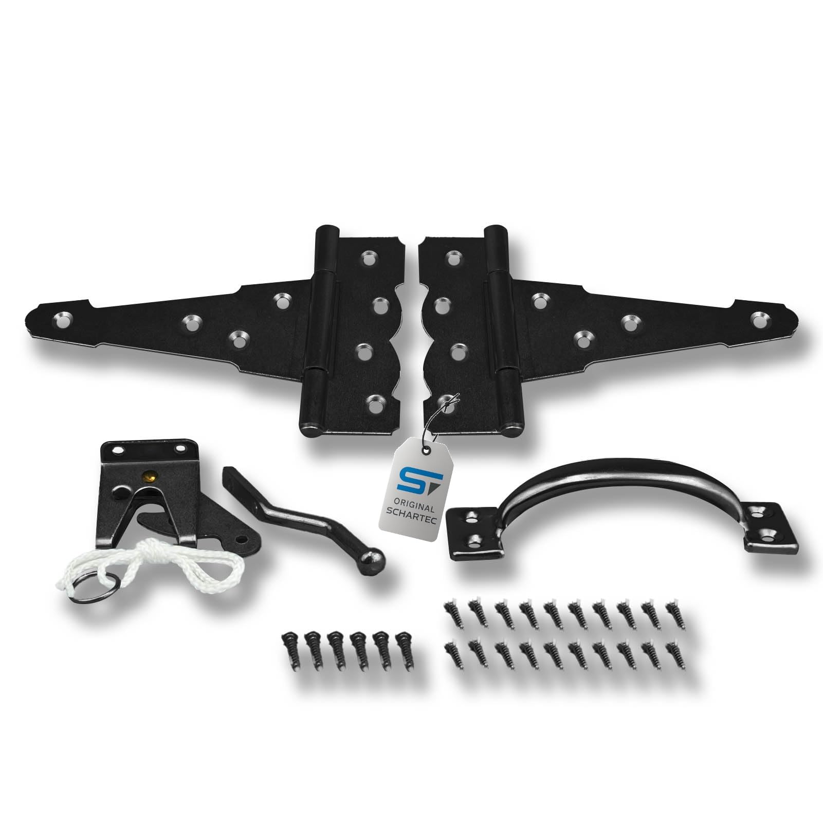 SCHARTEC® Garden Gate Hardware Kit Classic Black galvanised Hinges Handle and Latch Set for Wooden Gates Lock Bolt Hinge