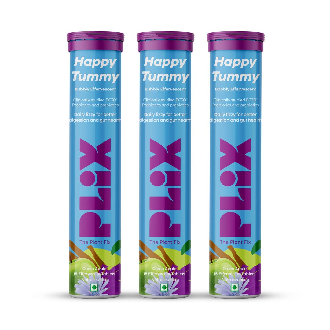 PLIX - THE PLANT FIX Happy Tummy Pre+Probiotic 15 Effervescent Tablets For Good Gut,Digestion,Metabolism With 20 Billion CFUs,Vital Probiotic Strains,Pack of 3 (Green Apple), 330 grams-image-19