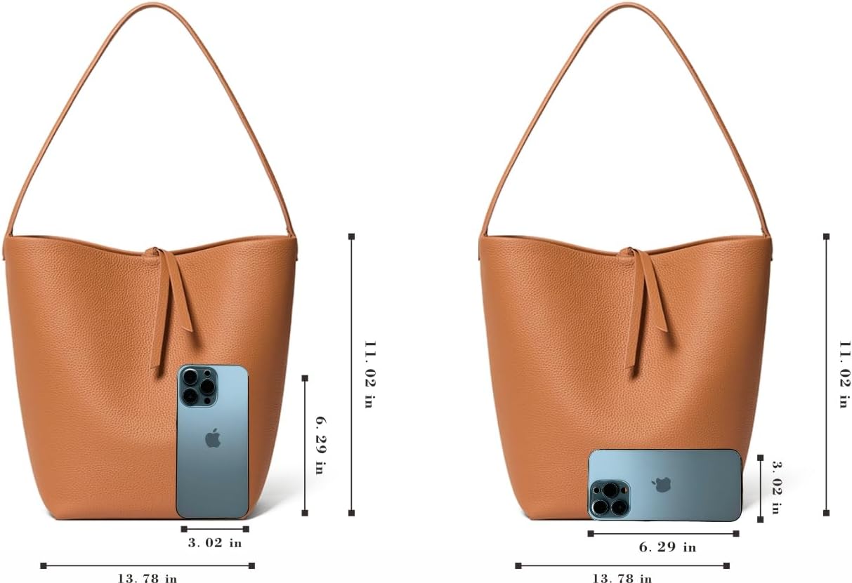 Premium Full-Grained Leather Bucket Bag with Credit Card Wallet for Women, Genuine Calfskin Tote Bag, Cotton Insert Pocket - Image 4