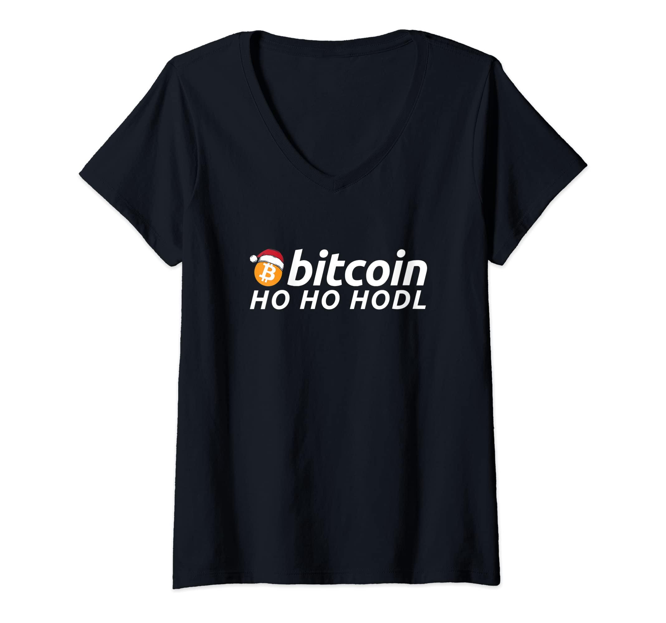 Womens Bitcoin Christmas Ho Ho Hodl Funny Santa Hat Cryptocurrency V-Neck T-Shirt
