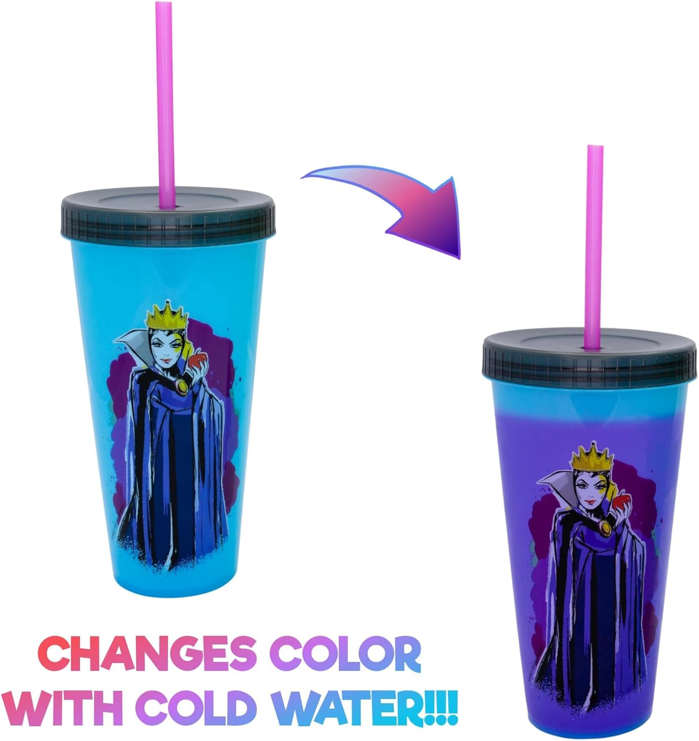 Silver Buffalo Disney Villains 4 pack Color Change Plastic Tumbler Featuring The Evil Queen, Cruella De Vil, Ursula, and Maleficent, 24 Ounces - Image 3