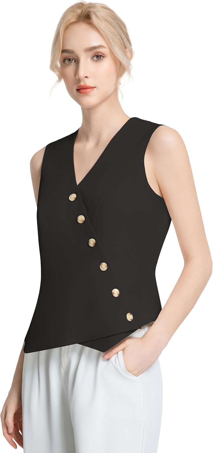 Vest for Women Sleeveless V Neck Button Up Asymmetrical Hem Work Office Business Blazer Suit Vest Waistcoat - Image 5