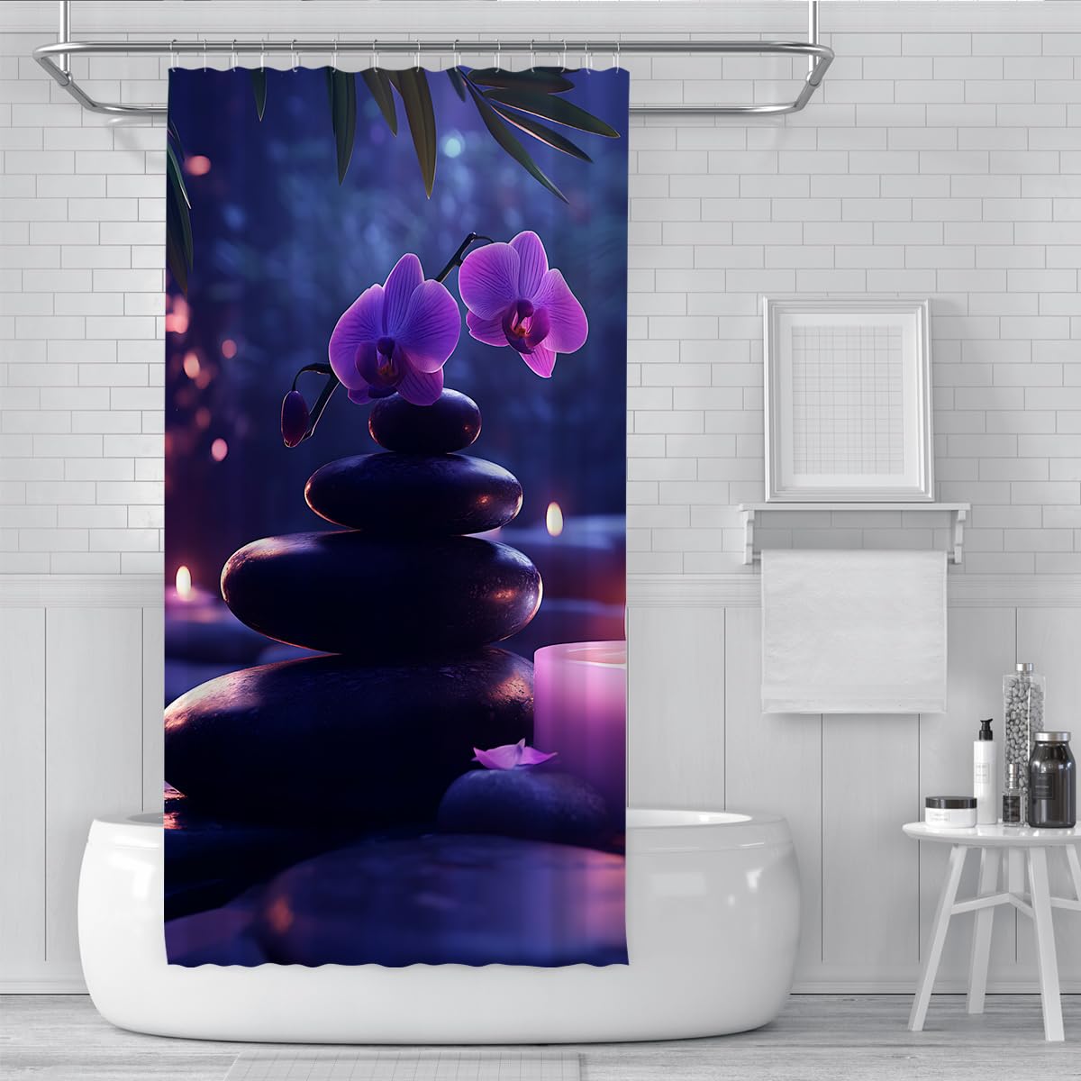 Zasłony prysznicowe do wanny spa W160xD200cm Lotos Orchidea Kwiat Wyważony Kamień Wodoodporna tkanina poliestrowa Ochrona prywatności Moskitiery łazienkowe Zmywalne haczyki