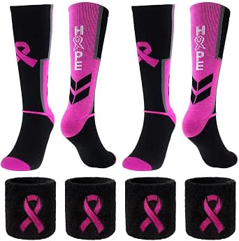 Breast Cancer Awareness Pink Ribbon Socks & Wristbands Set - Support Gift Combo For Walks, Events