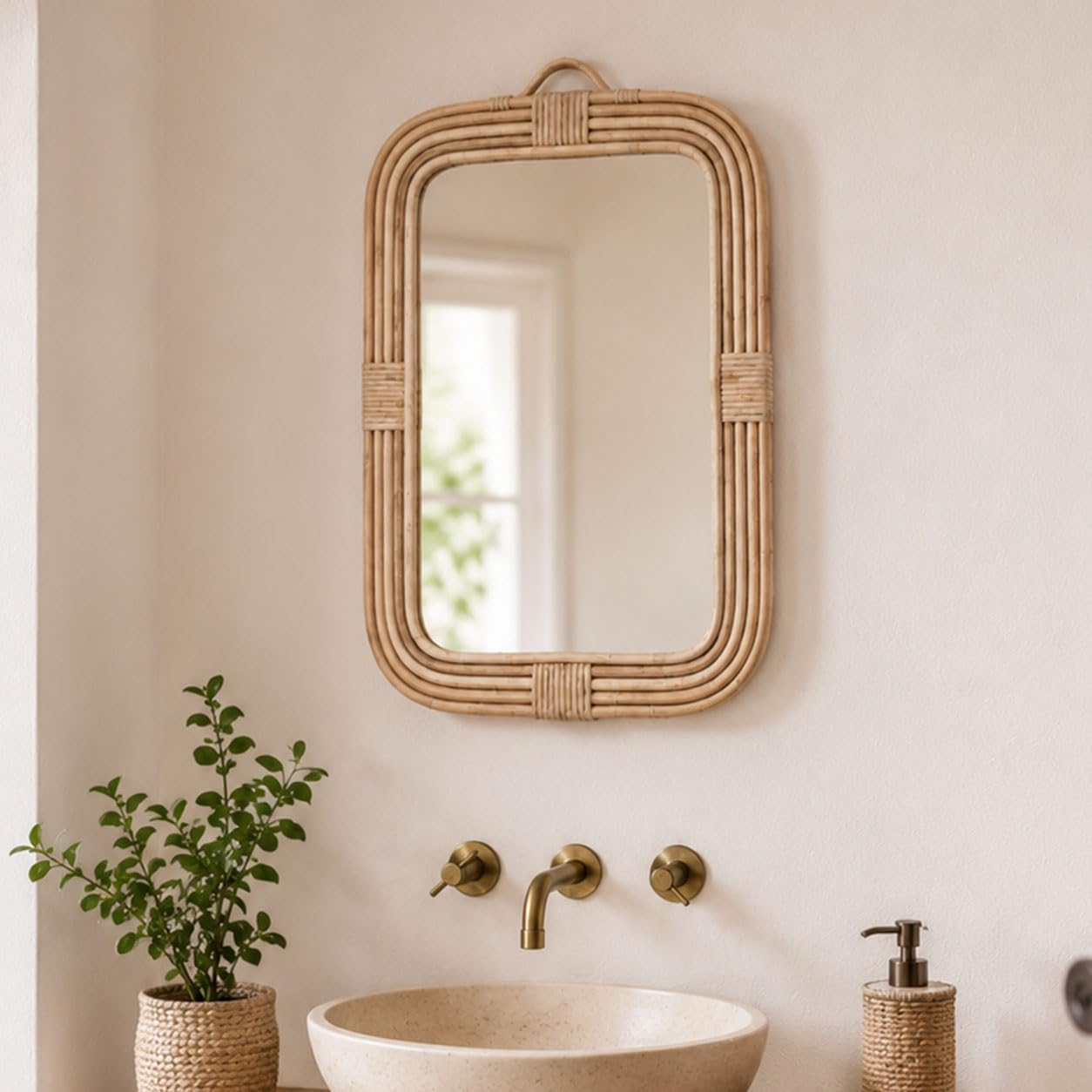 Decorasian Specchio da parete in rattan, rettangolare (50 x 35 cm), intrecciato a mano, design bohémien, decorazione da parete sostenibile per il corridoio
