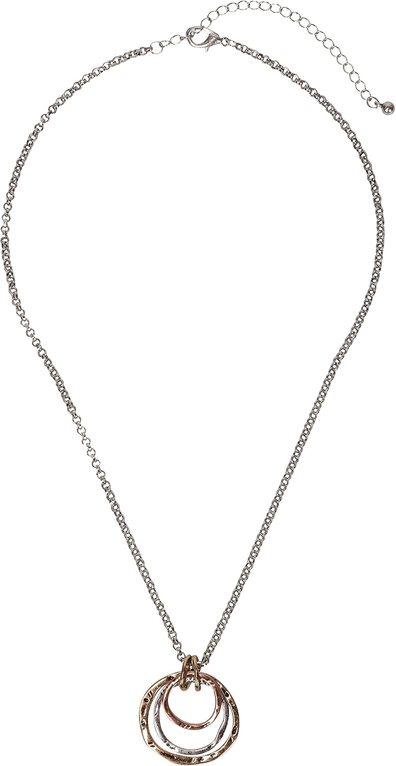 SPUNKYsoul 3 Circle Pendant Necklace for Women – Large Multi-Metal Gold, Silver & Copper Artisan Jewelry, Long Necklace, Layered Statement, Unique Pendant for Everyday Wear