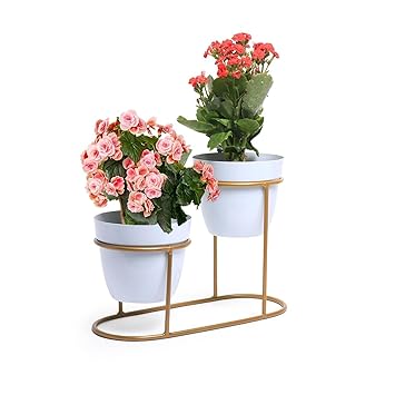 Kuber Industries Planter | Desktop Flower Planter | Home D?cor Flowers Pot | Balcony Flower Pot | Flower Planter for Office D?cor | Double Planter with Golden Stand | 1128-B | White - image, photos