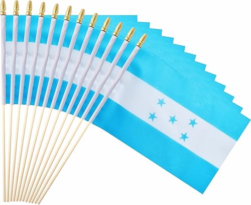 Paquete de 25 mini hondureñas de mano con bandera de Honduras en palo de 5 x 8 pulgadas