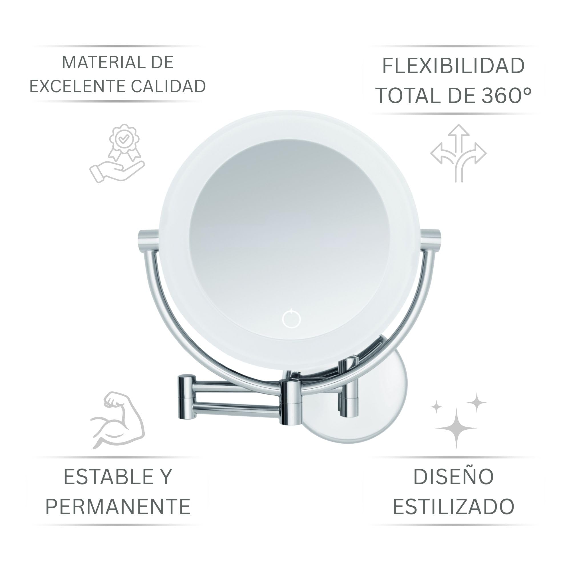 Tokio Espejo de Maquillaje de Aumento XXL de Pared a LED – Aumento 5x/10x con Atenuador y Auto-Off – Brazo Extensible Ø 18,5 cm – Alimentación a Pilas o Cable USB