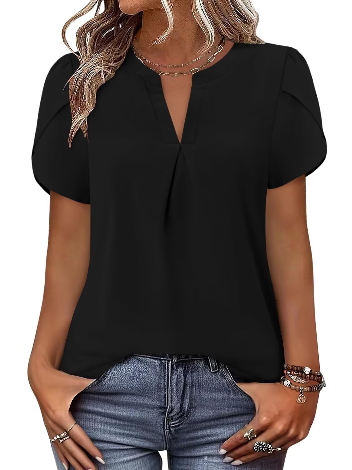 Magritta Womens Tops Dressy Casual Short Sleeve Pleated Tshirt 2026 Summer Loose Fitting Blouse Fashion V Neck Business Shirt