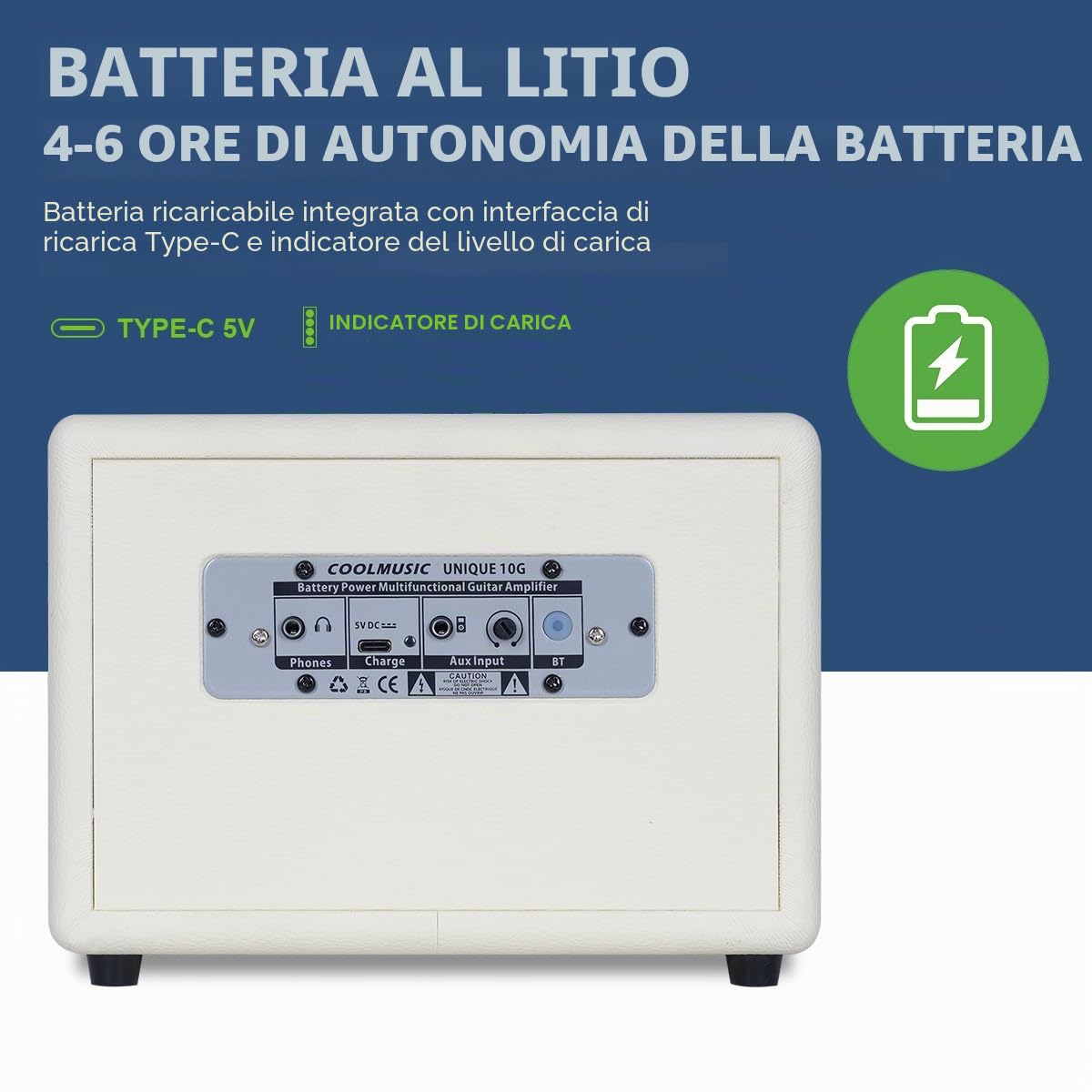 COOLMUSIC Amplificatore per chitarra elettrica ricaricabile wireless da 10 W, con Bluetooth 5.0, effetti di distorsione, amplificatore portatile per esercitazioni musicali