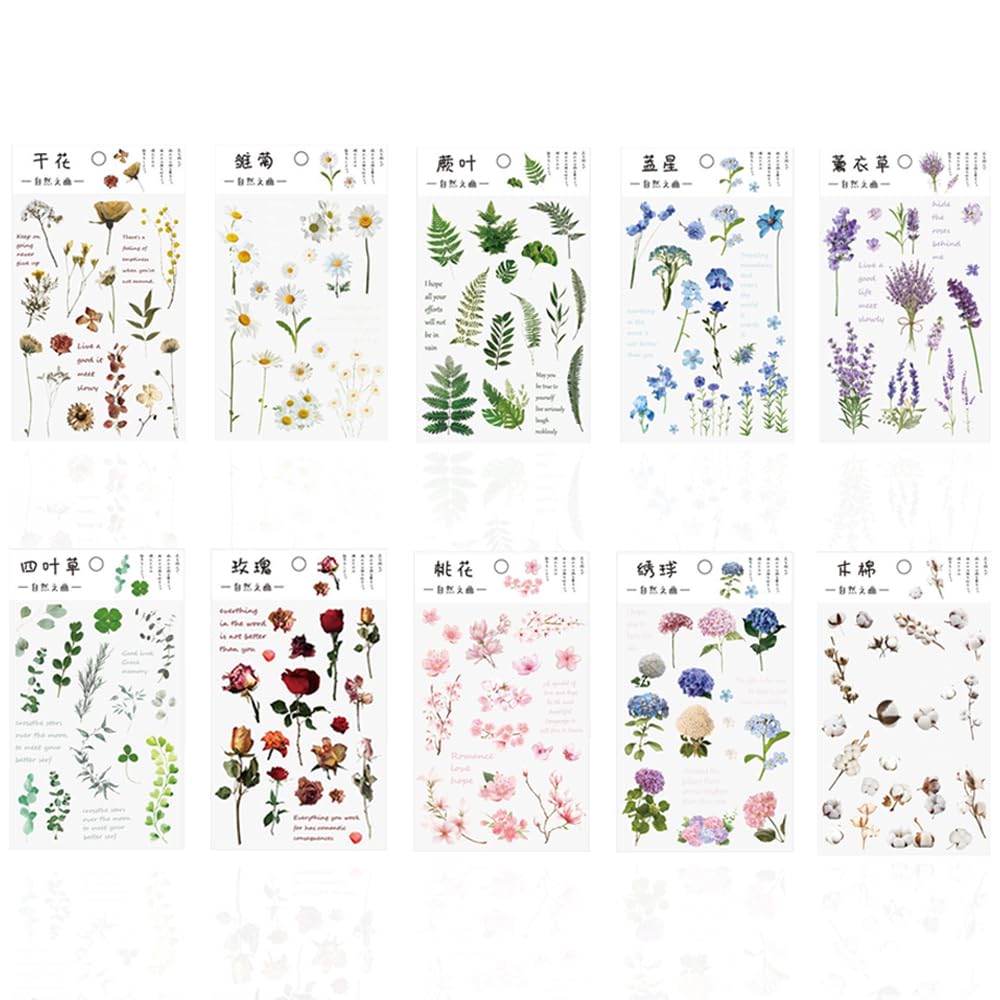 Ceihwa 10pcs Pegatinas de Plantas y Flores Pegatinas Scrapbooking Journaling Stickers Vintage Calcomanías se Flores Naturales Cromos Antiguos de Flores Pegatinas Decorativas Pegatinas Estéticas Retro