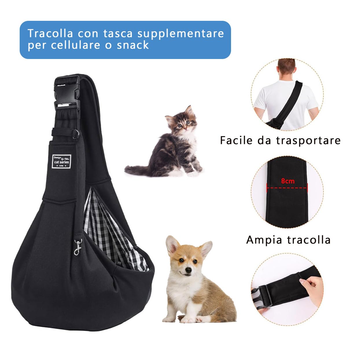Torba podróżna dla psa, torba podróżna, na spacer i na świeżym powietrzu, dla psa/kota do 7,5 kg, czarna