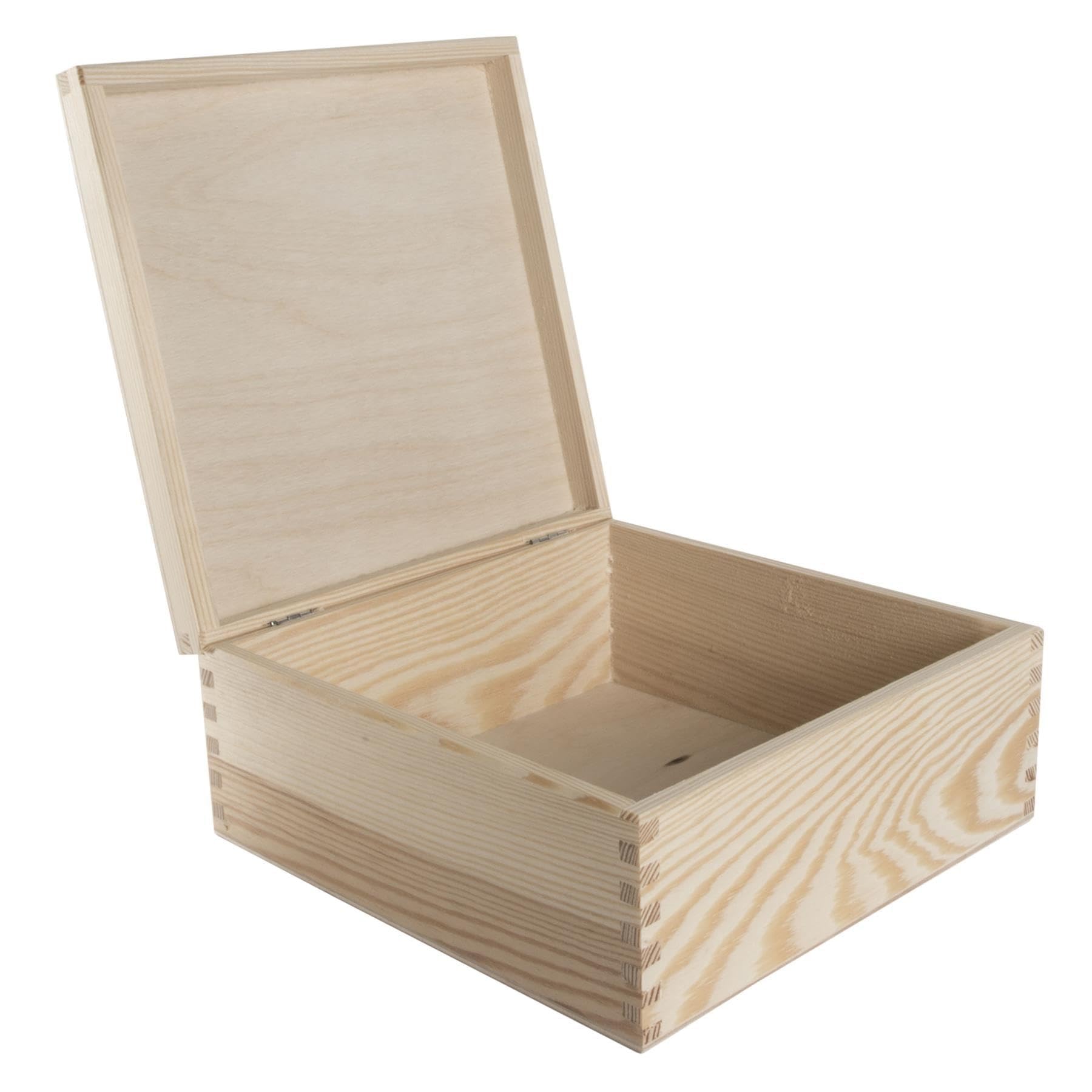WooDeeDoo Square Wooden Storage Box with Hinged Lid – 19.5 x 19.5 x 9 cm Plain Pine Organiser for Crafts Gift Wrapping Keepsakes Jewellery DIY Personalisation Unpainted Decorative Box