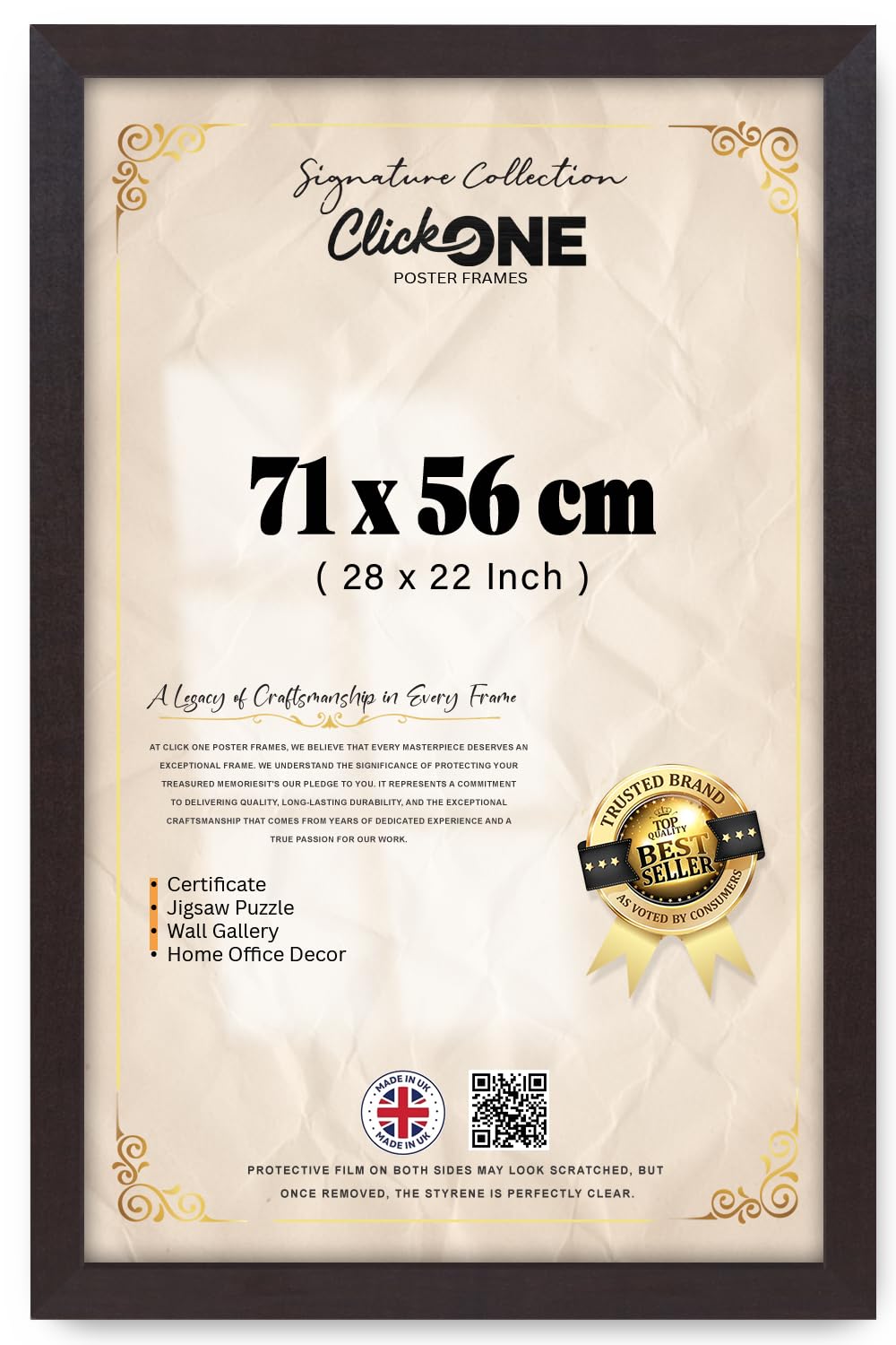 Click One Elegant Poster Picture Frame 71 X 56 CM Wood And Polished Styrene Handcrafted For Portrait And Landscape Display Suitable For Anniversary Birthday Wedding Wall Mount Mahogany Finish