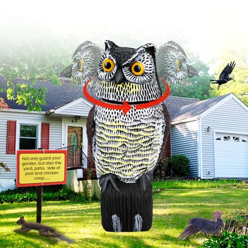 Pestvanish Fake Owl Decoys to Scare Birds Away, Waterproof 360° Rotating Head Hawks & Squirrel Deterrent, Patio Decoration Pest Control, Garden Owl Decoy for Outdoor Yard Patio Pools