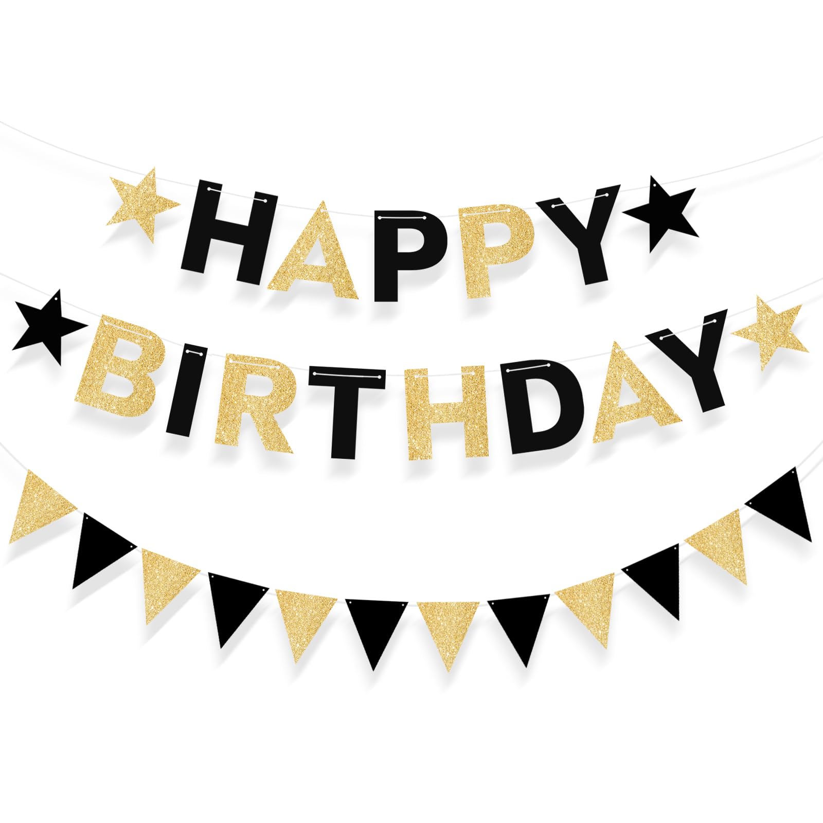 Black and Gold Happy Birthday Banner,Pre-Strung Birthday Garland for Birthday Decorations, Happy Birthday Banner for Men