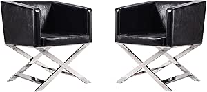 Manhattan Comfort Hollywood Lounge Accent Chair Set of 2, Faux Leather Upholstered Armchair with Polished Chrome Finish, Modern Design, Hand-Welded X-Shaped Legs, Fully Assembled, Black