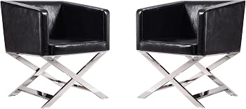 Manhattan Comfort Hollywood Lounge Accent Chair Set of 2, Faux Leather Upholstered Armchair with Polished Chrome Finish, Modern Design, Hand-Welded X-Shaped Legs, Fully Assembled, Black