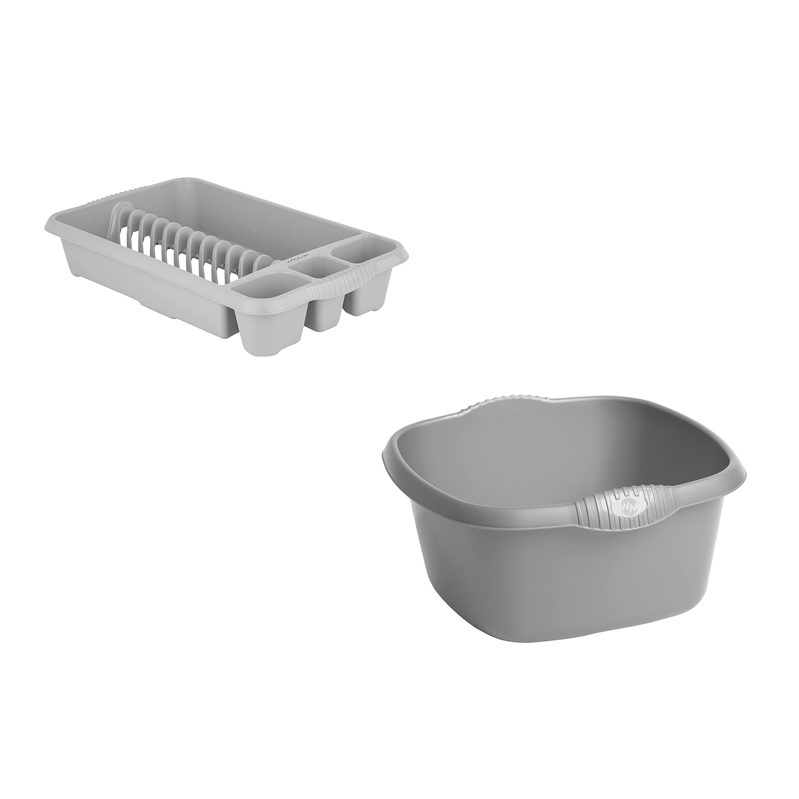 Set of 2- Upcycled High Grade Plastic Kitchen Medium Dish Drainer with 32 cm Square Washing Up Bowl (Soft Grey) — image 1