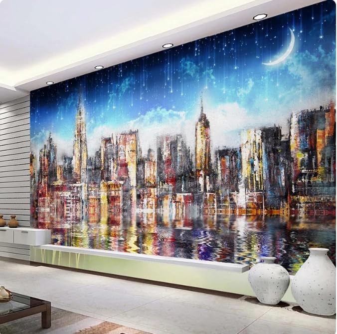 Papier peint 3D pour agrandir un salon sombre avec vue nocturne de ville