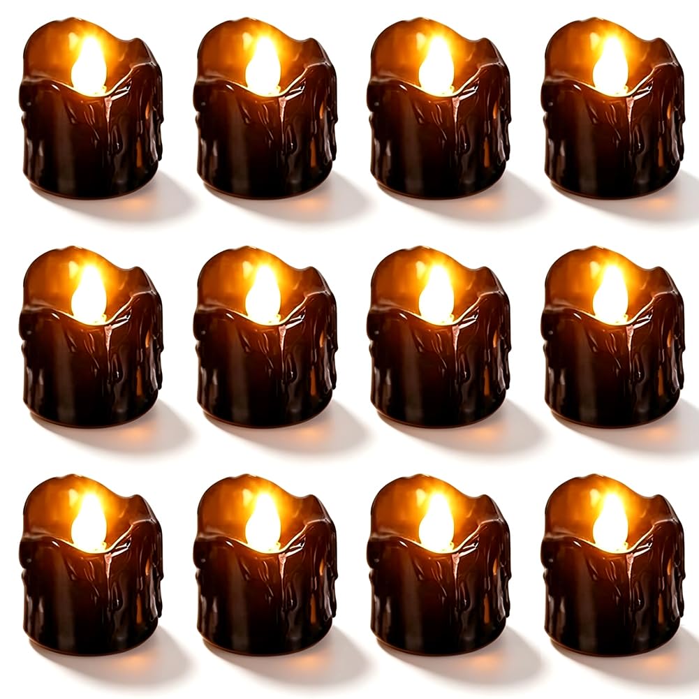 Spiritzohic 12PCS Halloween LED Candle Lights, Halloween Candle Decorations, Flameless Black Tealights LED Lights Decorations Led Light Candles for Home Decor Theme Party