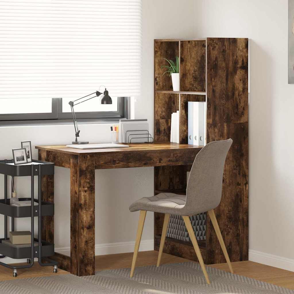 Scrivania in rovere affumicato, 122 x 67 x 145 cm, con ripiani, tavolo da lavoro per ufficio, casa, camera dei ragazzi, ideale come scrivania per computer, segretario, postazione di lavoro per