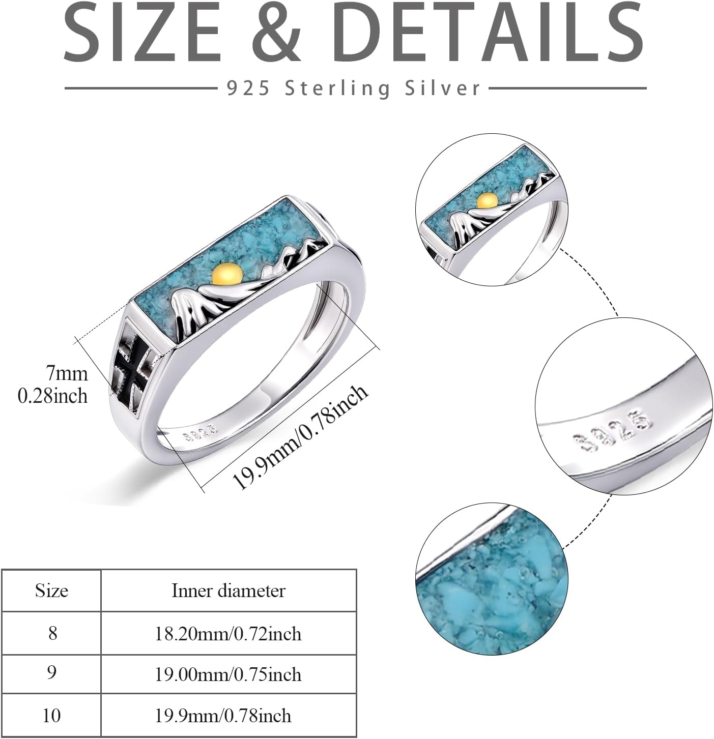 Turquoise Ring for Men 925 Sterling Silver Mountain Turquoise Ring with Cross Size 10 Non-Adjustable Natural Stone Native American Style Jewelry Gift for Him 7mm Width - Image 3