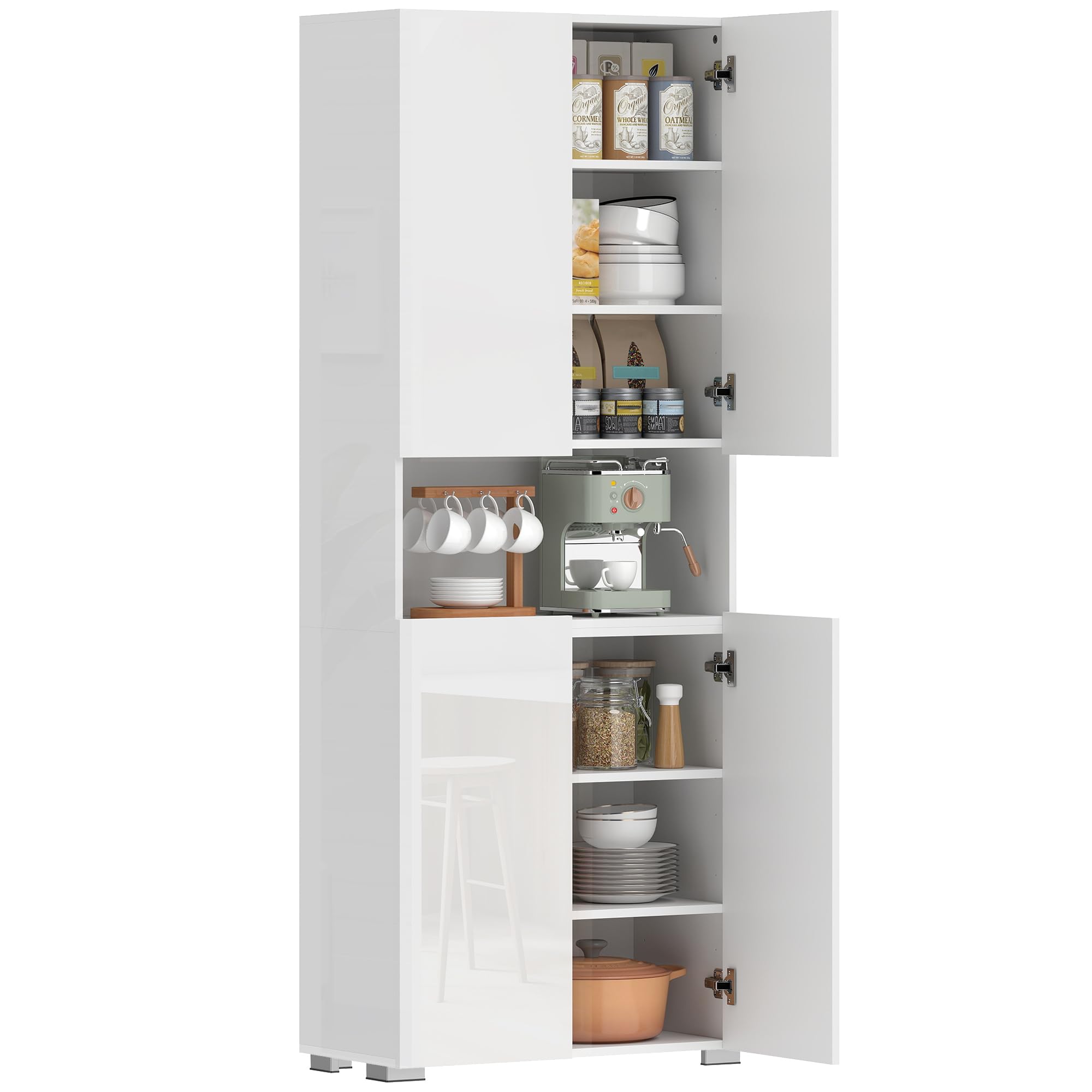 HOMCOM Küchenschrank Vorratsschrank Hochschrank mit Offenem Fach, 4 Türen, Verstellbaren Einlegeböden, Mehrzweckschrank mit Soft-Close-Funktion, für Esszimmer, Hochglanz Weiß 68x34x180cm
