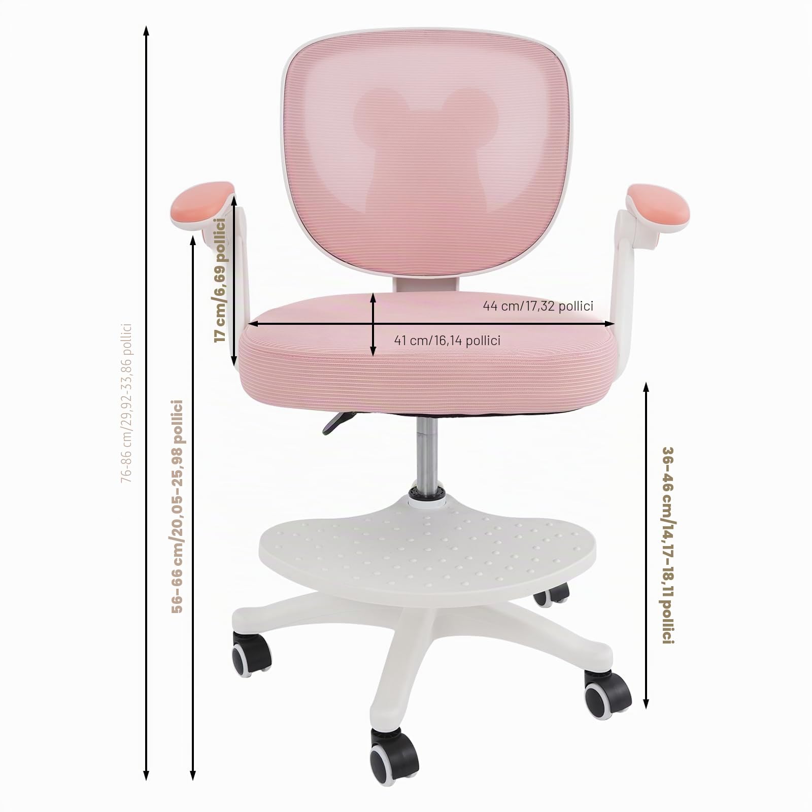 Sedia da scrivania per bambini dai 6 anni in su, regolabile in altezza, per bambini, ergonomica, con braccioli, schienale e ruote, per ragazzi e ragazze (rosa)