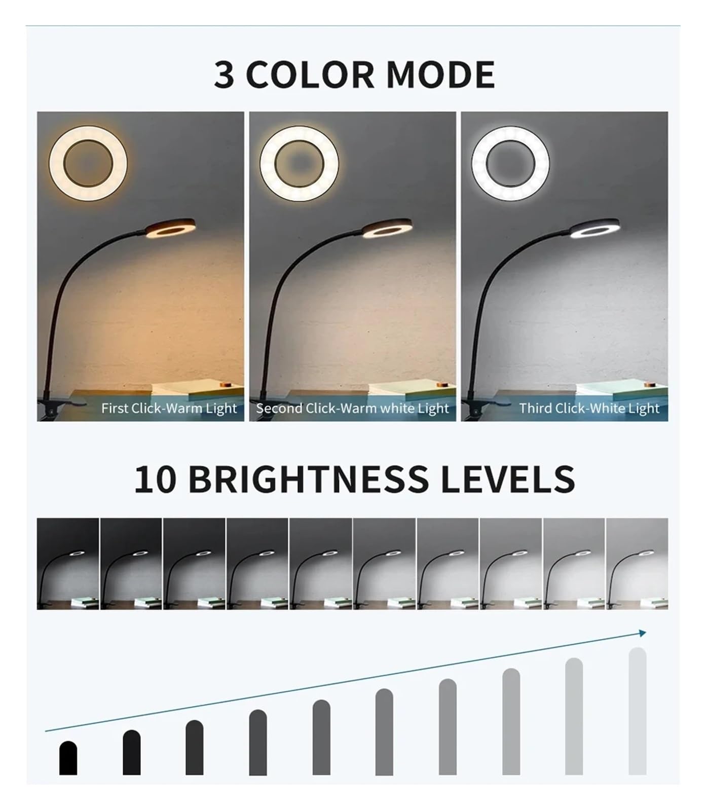 Lampada da studio for libri da lettura a LED con luce a clip | 10 Luminosità Protezione degli occhi Scrivania for studenti con collo di cigno(Black)