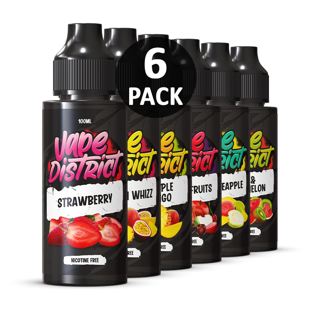 Vape District Vape Liquids 6 x 100ml Strawberry + Caribbean Whizz + Pineapple Mango + Summer Fruits + Guava Pineapple + Kiwi Watermelon Ecig Juice E Liquid Nicotine Free 70VG/30PG E Cigarette