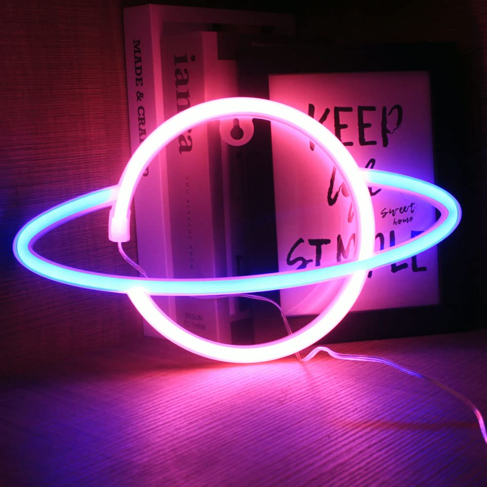 Planet Neon Signs LED Night Lights For Wall Decor USB or Battery Powered For Bedroom Kids Room Living Room Bar Christmas Gaming Room(Blue and Pink)