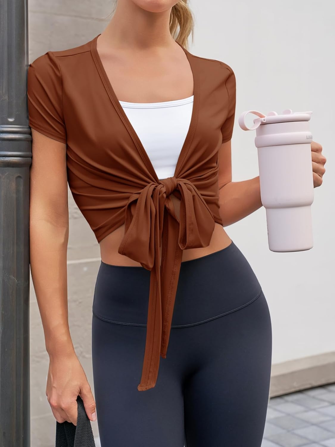 Fisoew Womens Workout Crop Tops Casual Wrap Tie Short Sleeve Loose Shirts Ballet Pilates Yoga Active Tee Tops - Image 4