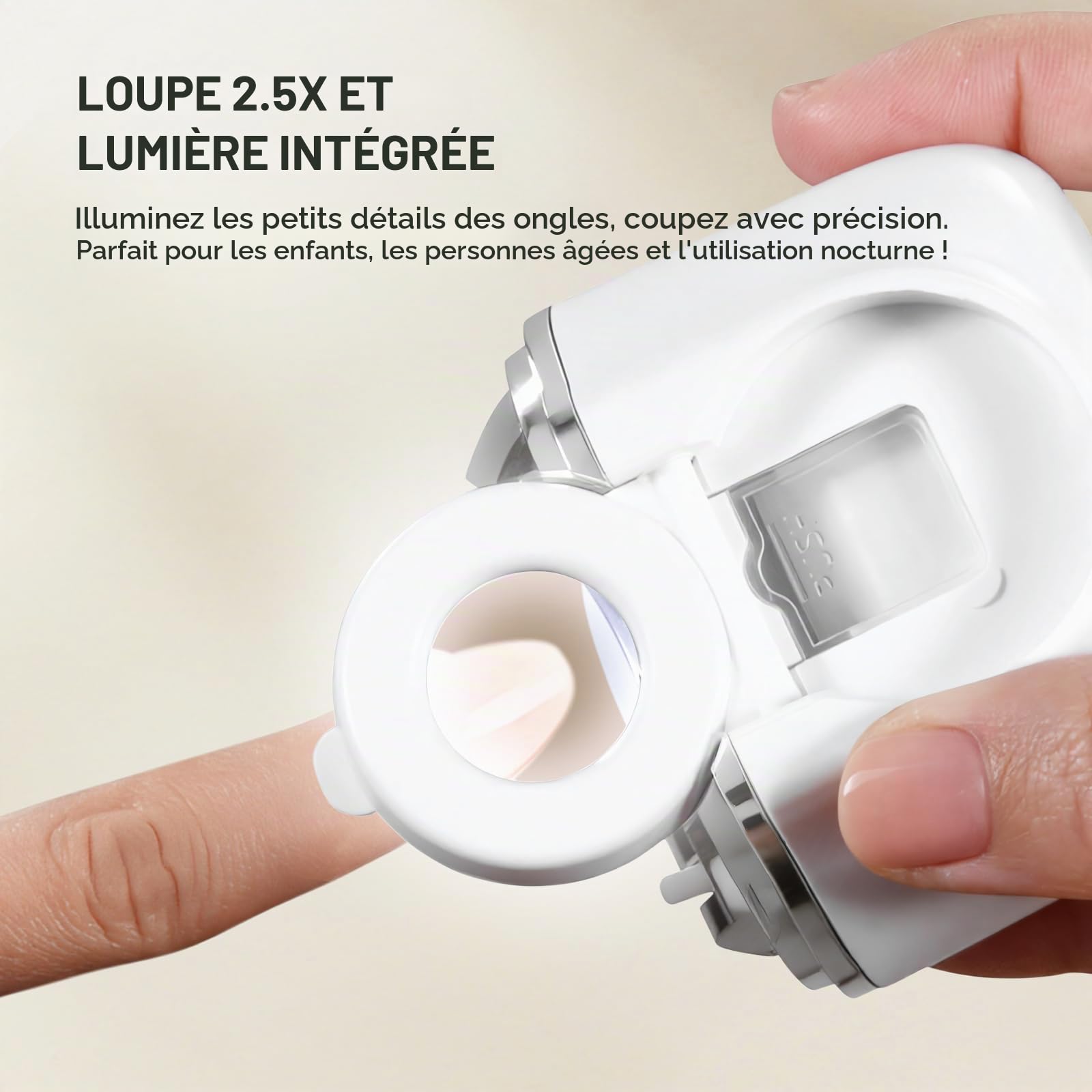 Coupe Ongle Électrique, Coupe-ongles automatique avec loupe à lumière LED, Coupe et Polissage automatiques + Rangement pour les résidus d'ongles, 3 Vitesse + écran numérique (Blanc)