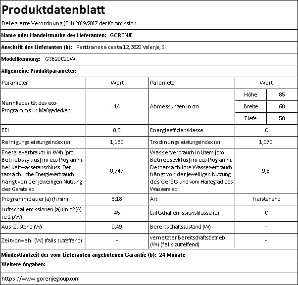 Gorenje G S620 C10W Freistehender Geschirrspüler/ 60cm / 14 Maßgedecke / 3 Körbe / 5 Programme/Inverter PowerDrive Motor/SpeedWash/TotalDry/vollständiger Überlaufschutz/Weiß – Bild 9