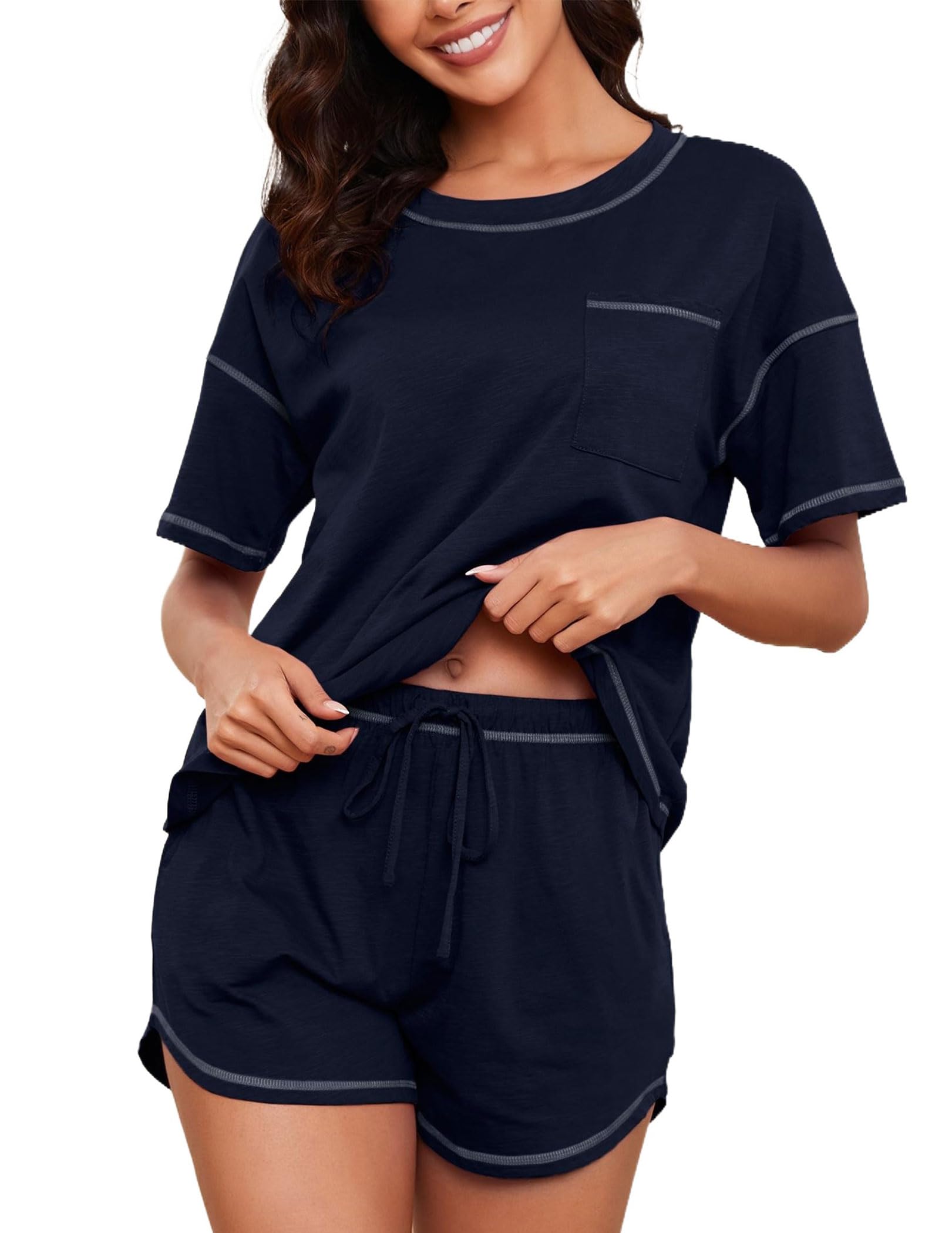 KCW Pajamas for Women Set 2 Piece 100% Cotton Lounge Sets Short Sleeve Top and Shorts Pj Set Sleepwear Outfits