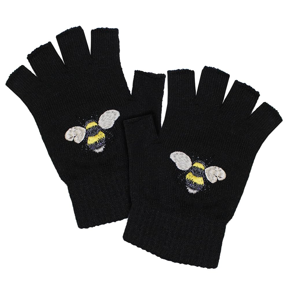 TeddyT's Women's Bumble Bee Warm Thermal Knit Fingerless Winter Gloves (Black)